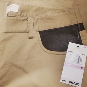 Michael Kors Womens Wide Leg Khaki Pants Faux Leather Pocket Accent Size 6